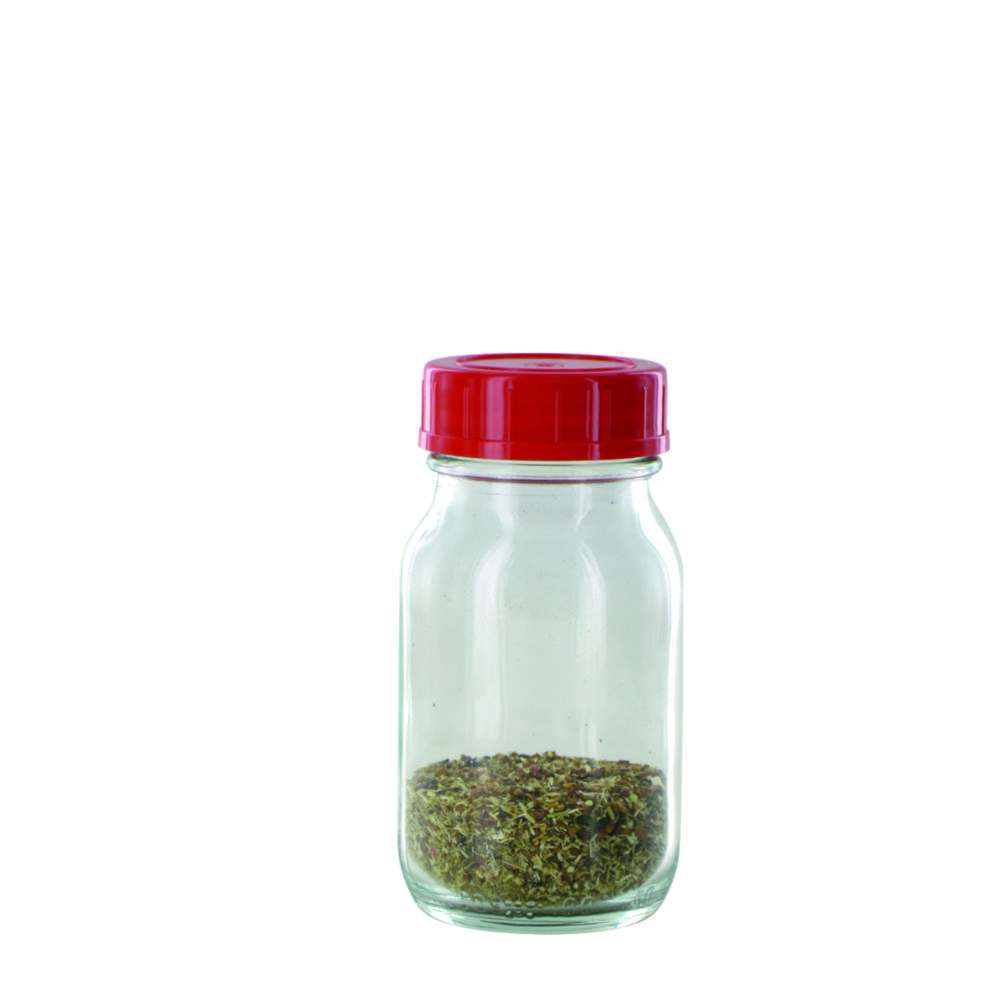 Wide-mouth bottles, clear glass, PTFE-lined screw caps